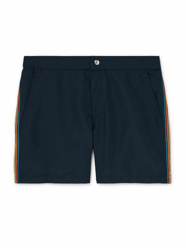 Photo: Paul Smith - Straight-Leg Mid-Length Striped Recycled Swim Shorts - Blue