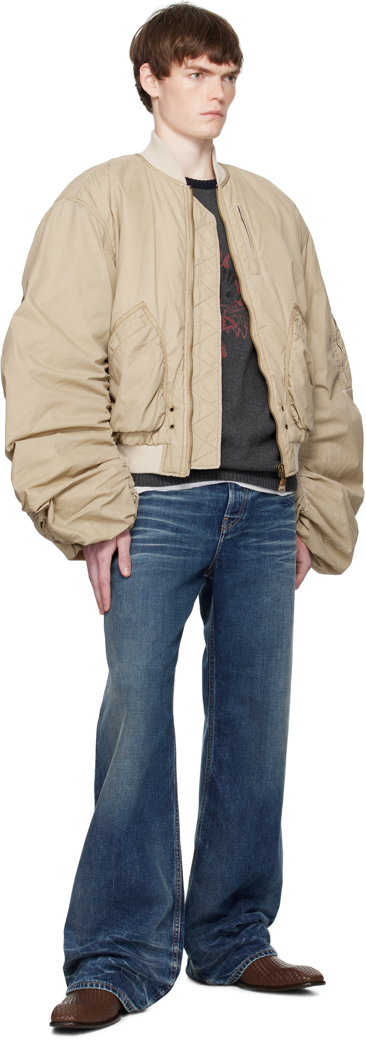 We11done Beige Washed Nylon Bomber Jacket