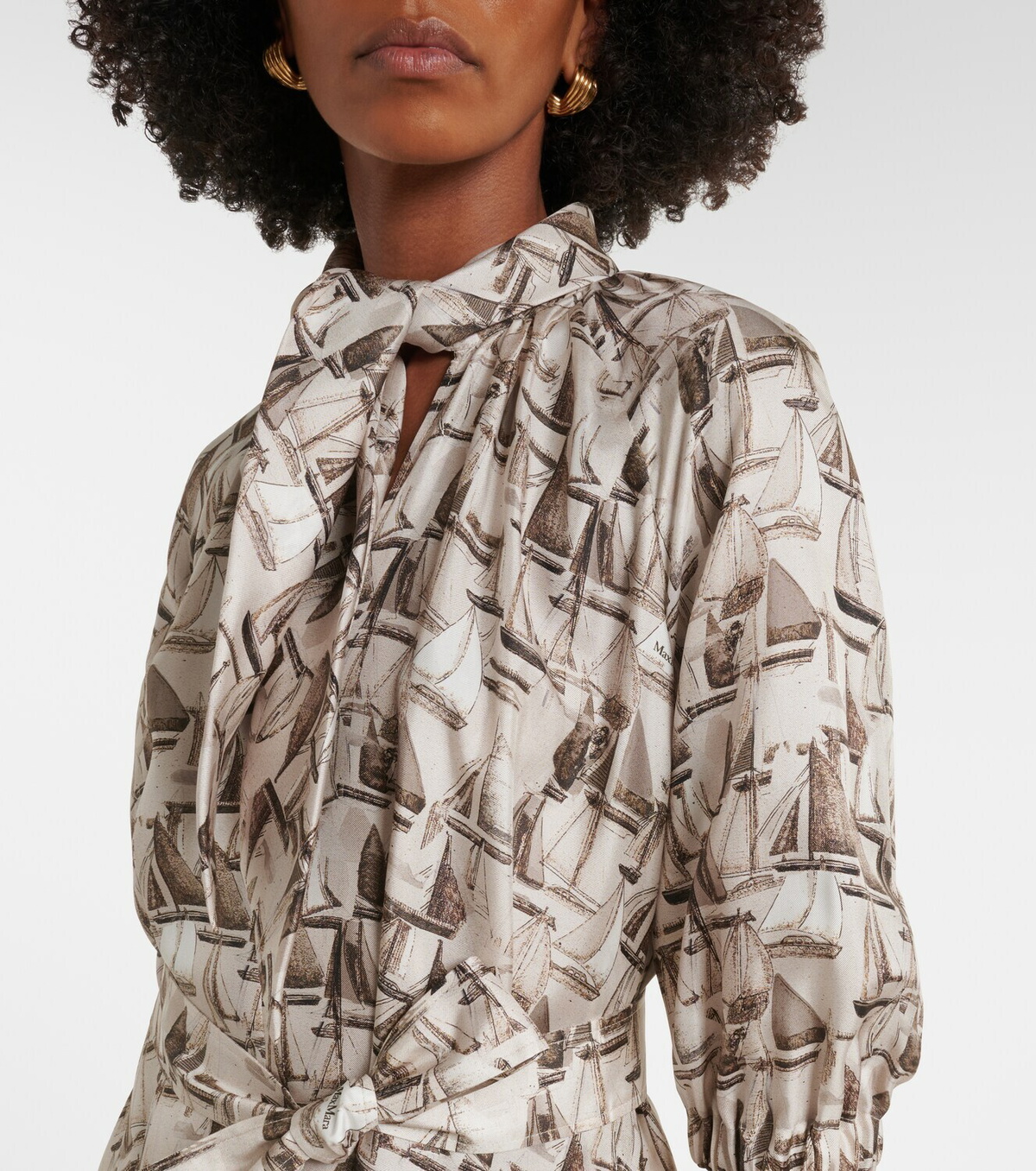 Max Mara Printed tie-neck silk twill midi dress