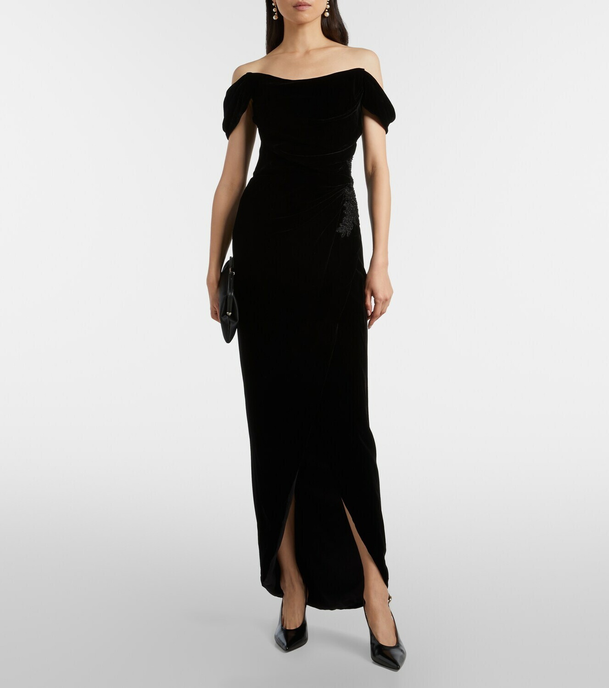 Costarellos Embellished off-shoulder velvet gown