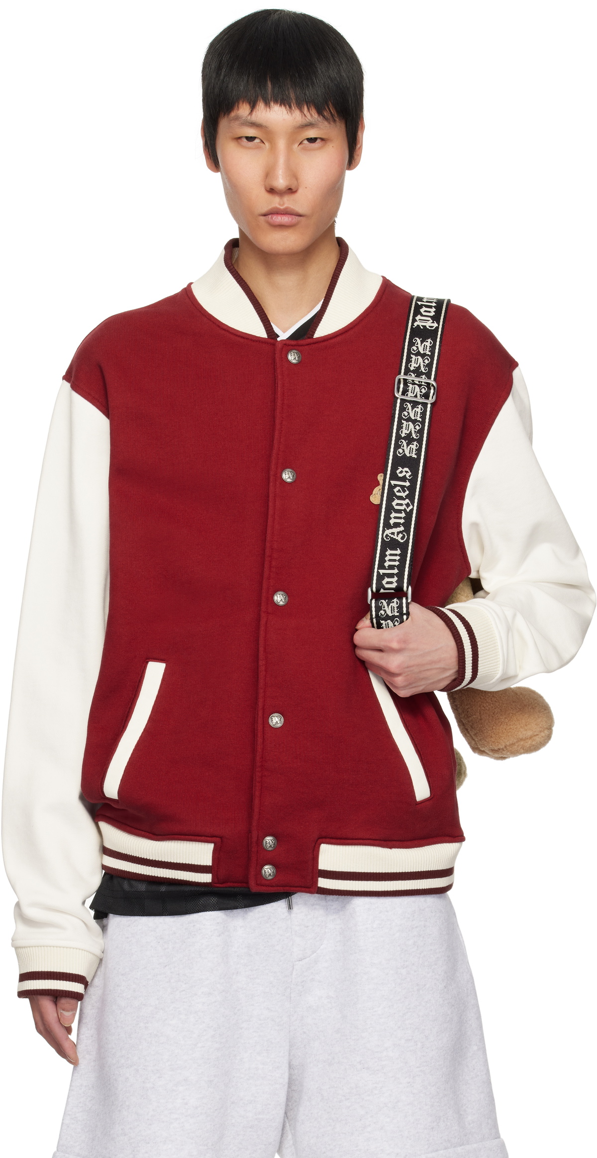 Palm Angels Red & White 'Bear in Mind' Varsity Bomber Jacket