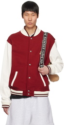 Palm Angels Red & White 'Bear in Mind' Varsity Bomber Jacket
