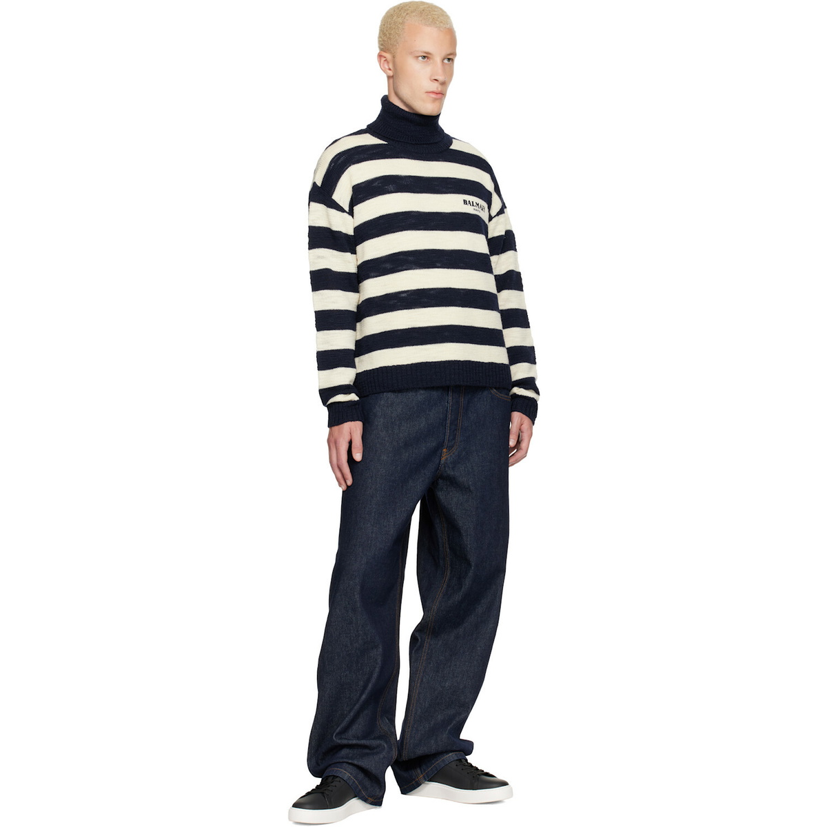 BALMAIN Navy & Off-White Mariniere Vintage Wool Turtleneck