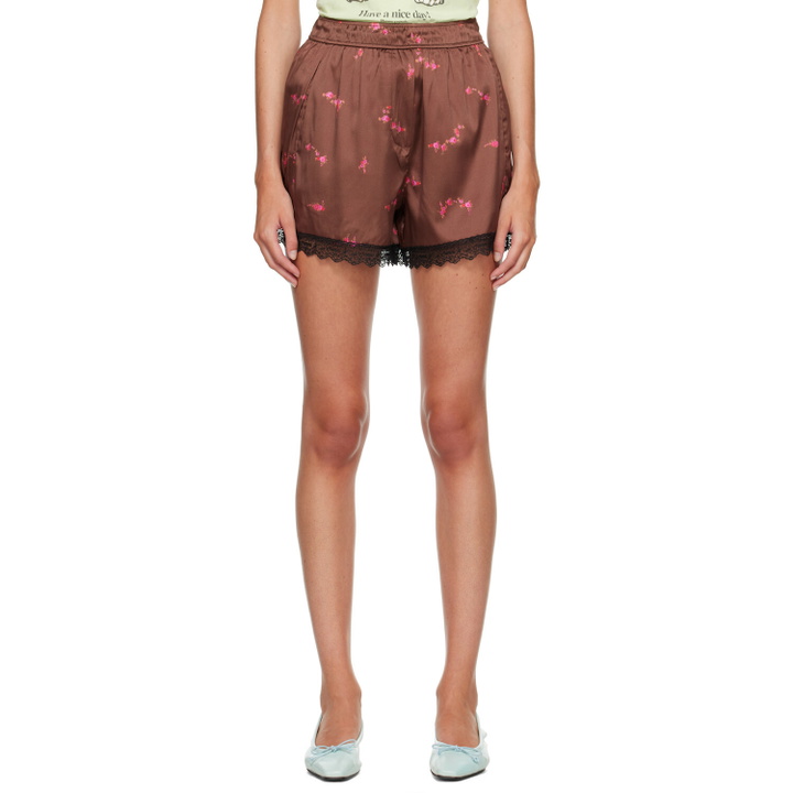 Photo: GANNI Brown Printed Sandwashed Silk Satin Lace Hem Shorts