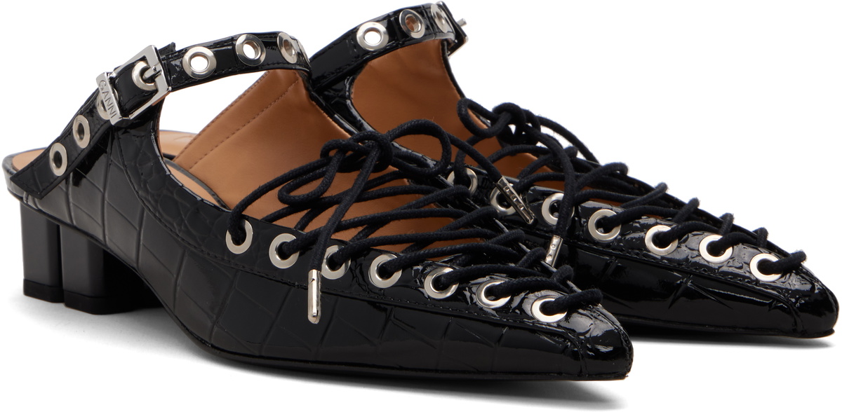 GANNI Black Eyelets Lace-Up Mule Heels