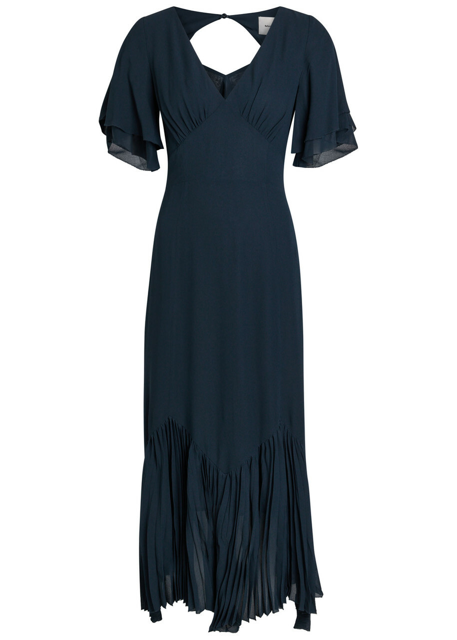 Reformation Salvia Flutter-sleeve Chiffon Midi Dress Navy
