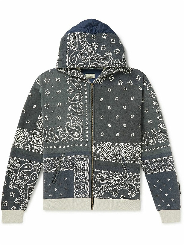 Photo: KAPITAL - Shell-Trimmed Printed Cotton-Jersey Zip-Up Hoodie - Blue