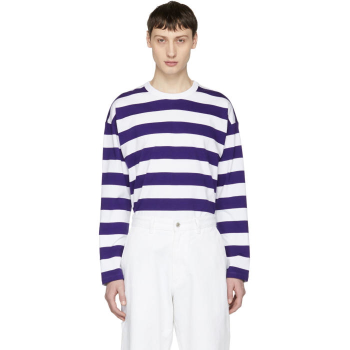 Photo: AMI Alexandre Mattiussi White and Purple Long Sleeve Large Stripe T-Shirt 