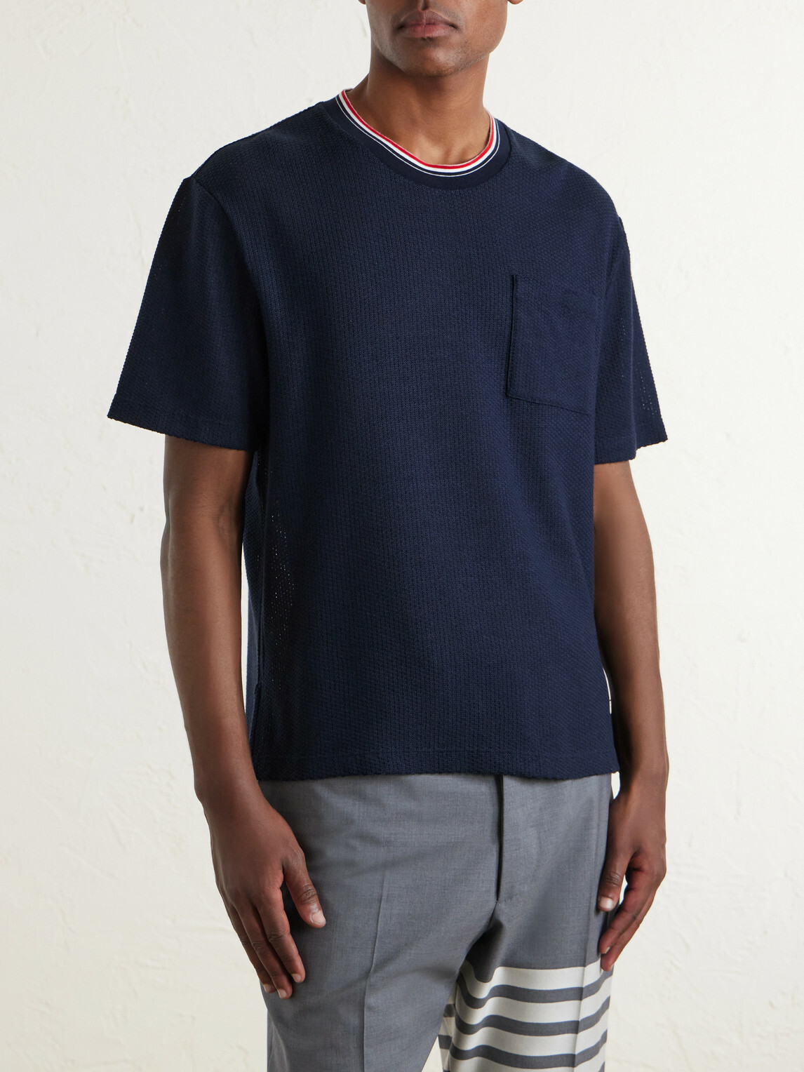 Thom Browne - Pointelle-Knit Cotton and Linen-Blend T-Shirt - Blue
