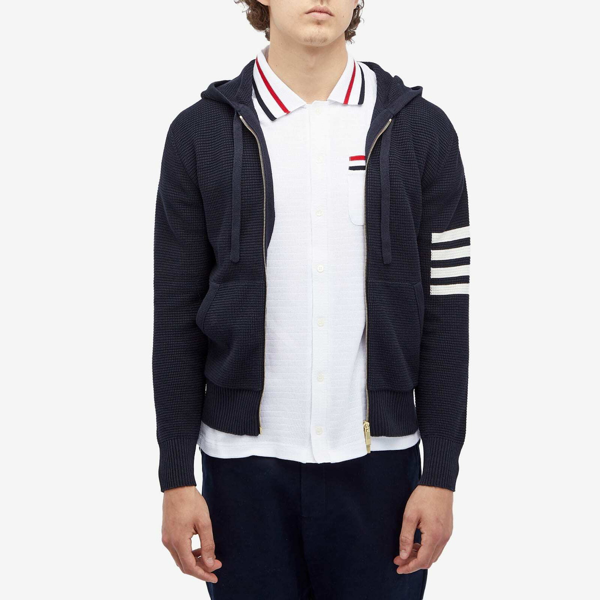 Thom Browne Men's 4 Bar Textured Zip Through Hoodie in Navy Thom