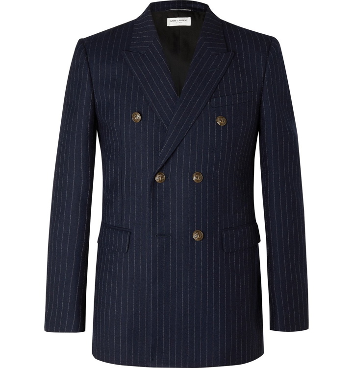 Photo: SAINT LAURENT - Double-Breasted Pinstriped Wool-Flannel Blazer - Blue