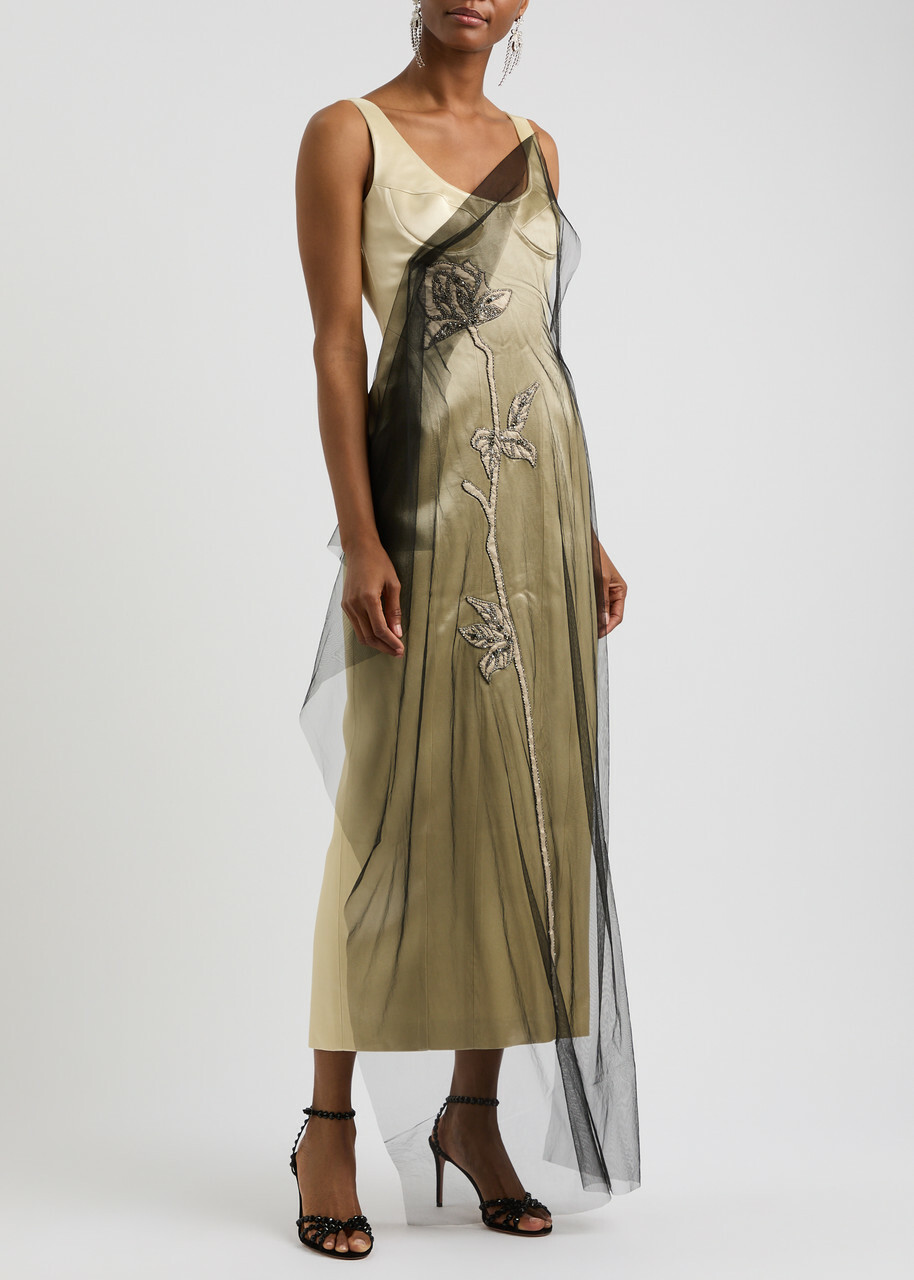 Huishan Zhang Blakely Embellished Satin Midi Dress Light Gold Huishan Zhang