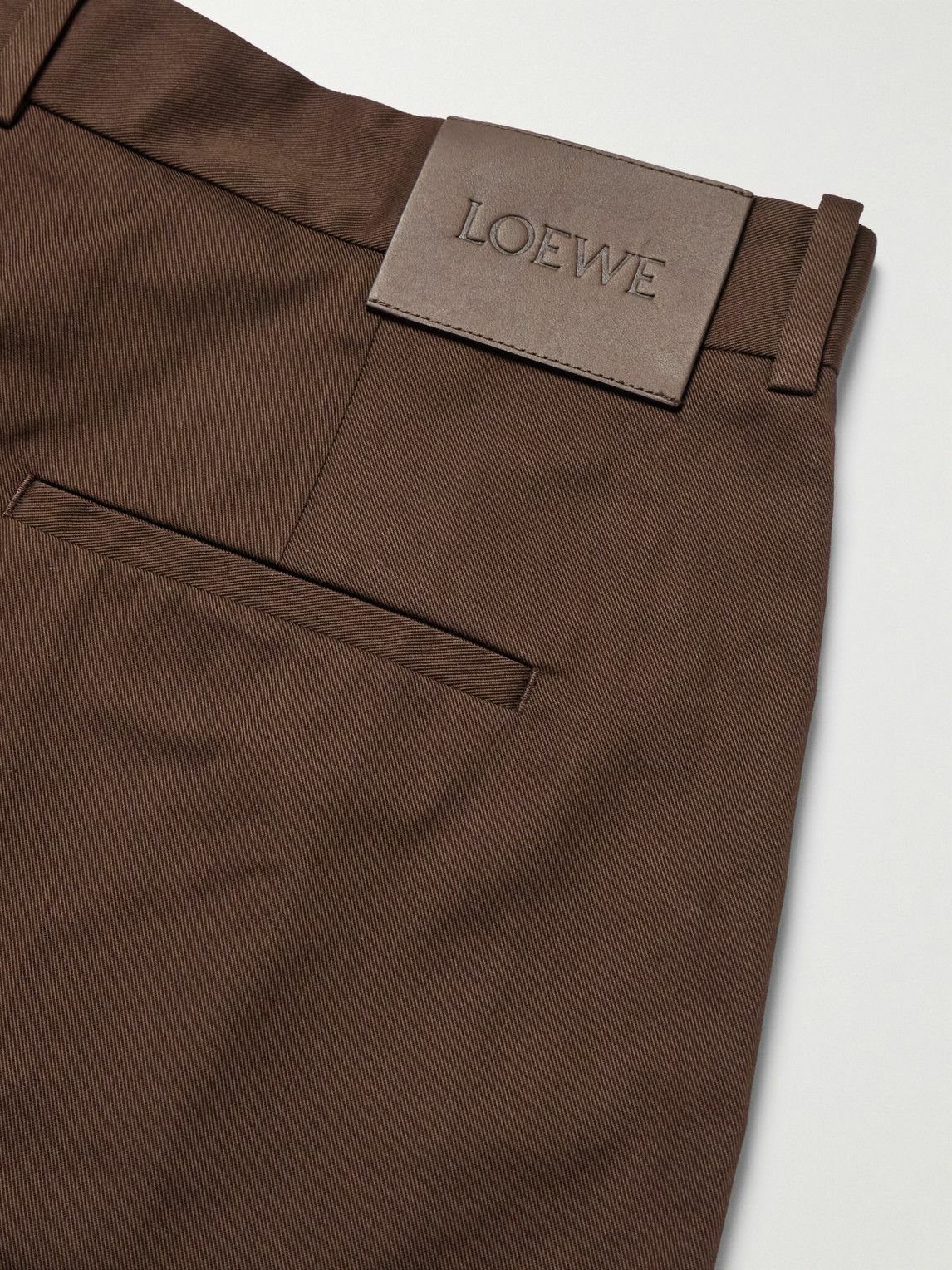 LOEWE - Straight-Leg Pleated Leather-Trimmed Cotton-Twill Trousers - Brown