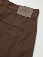 LOEWE - Straight-Leg Pleated Leather-Trimmed Cotton-Twill Trousers - Brown