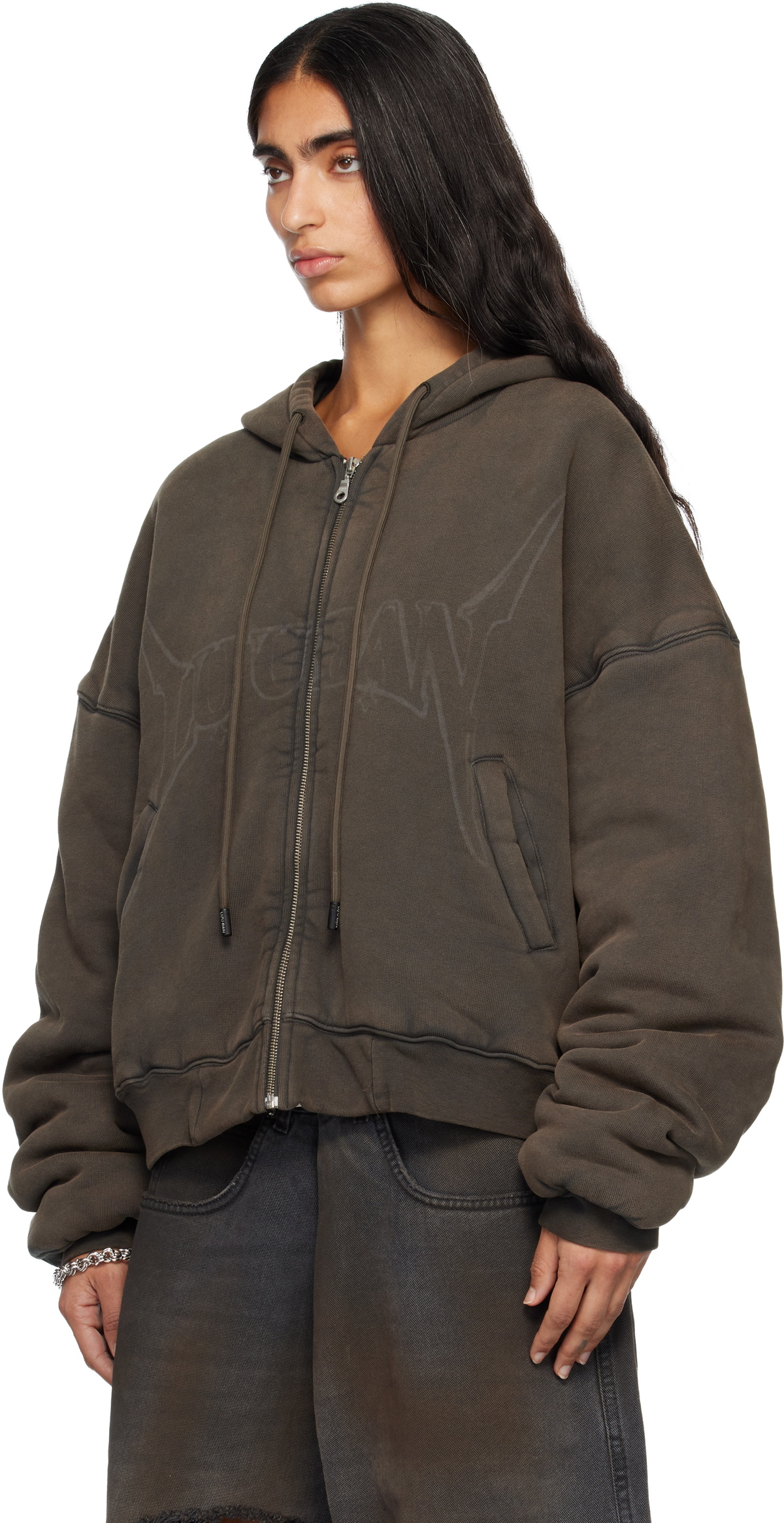 LU'U DAN Gray Washed Out Zip Up Hoodie