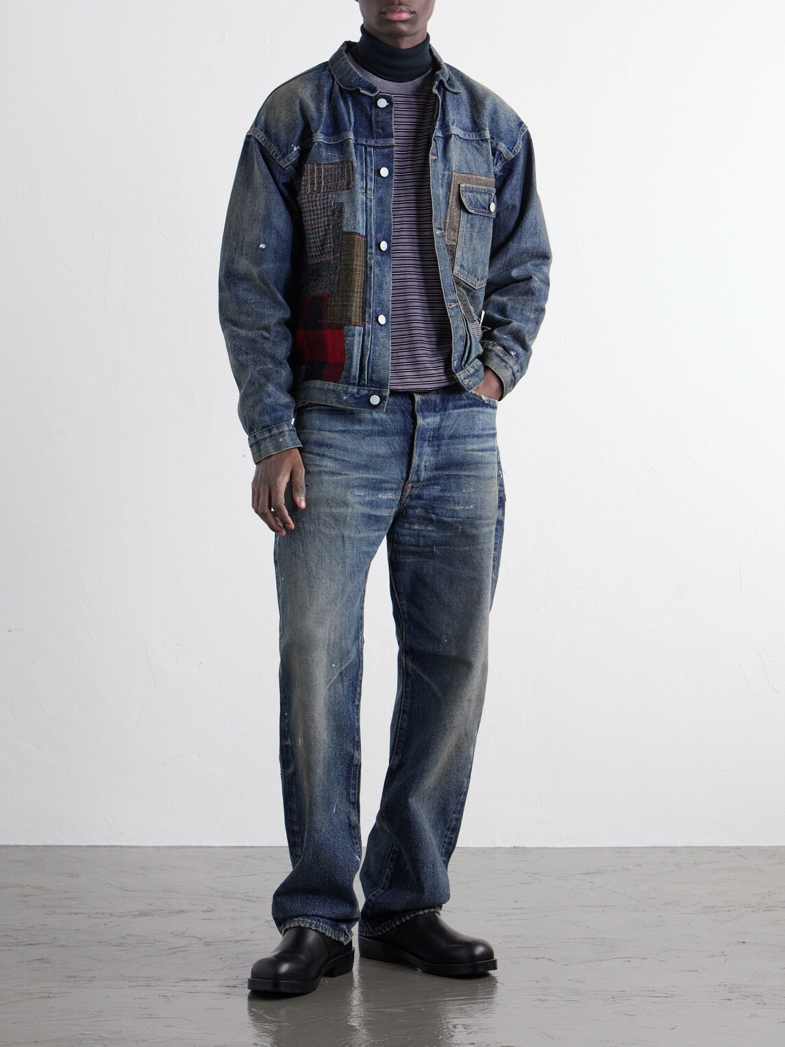 Junya Watanabe - Patchwork Distressed Paint-Splattered Denim Jacket - Blue