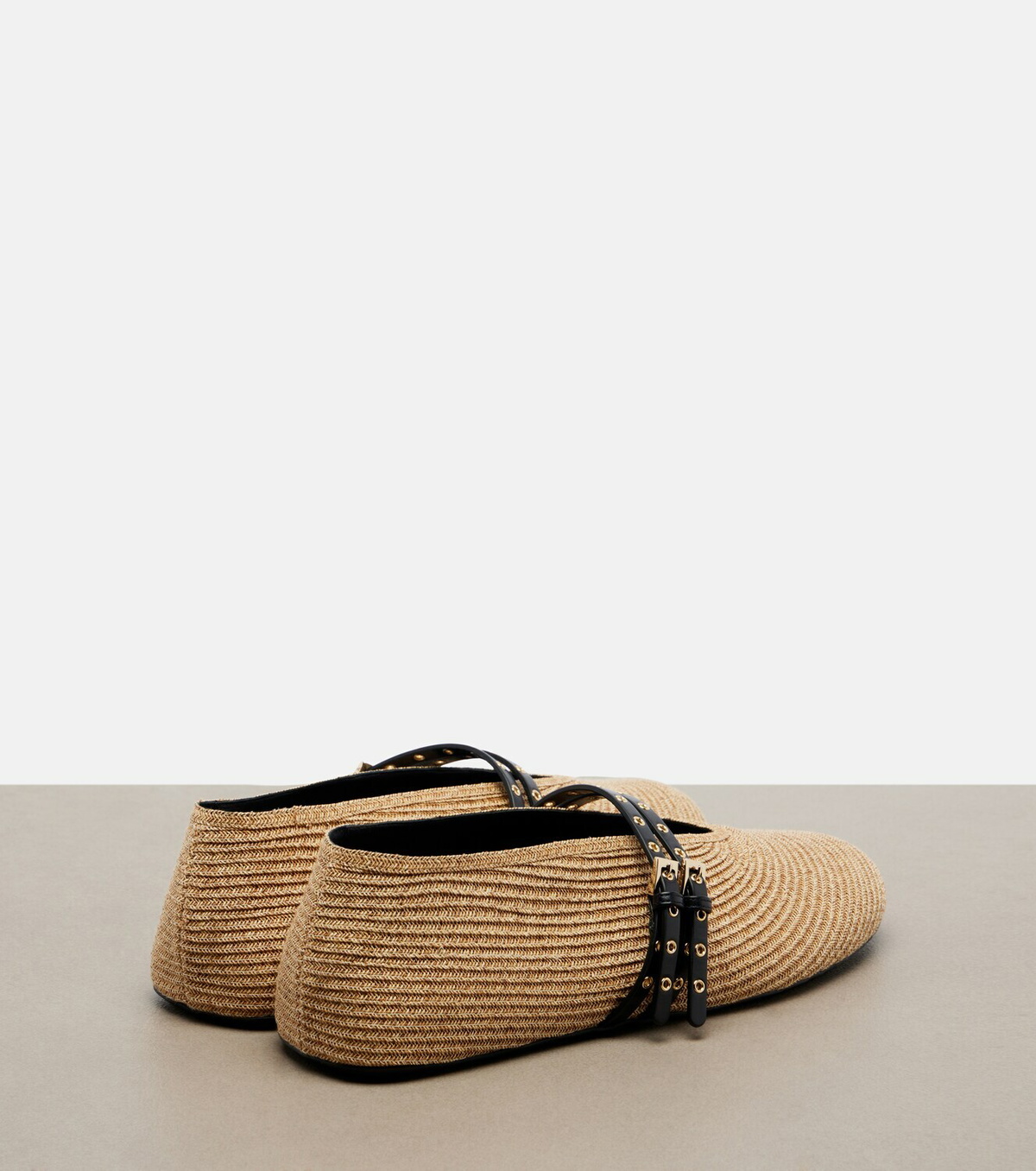 Alaïa Paperstraw leather-trimmed Mary Jane flats