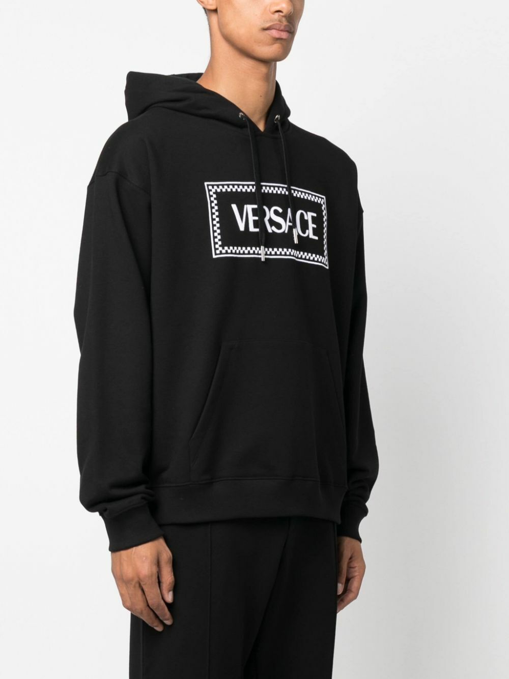 Versace Black Logo-Embroidered Cotton Hoodie Versace