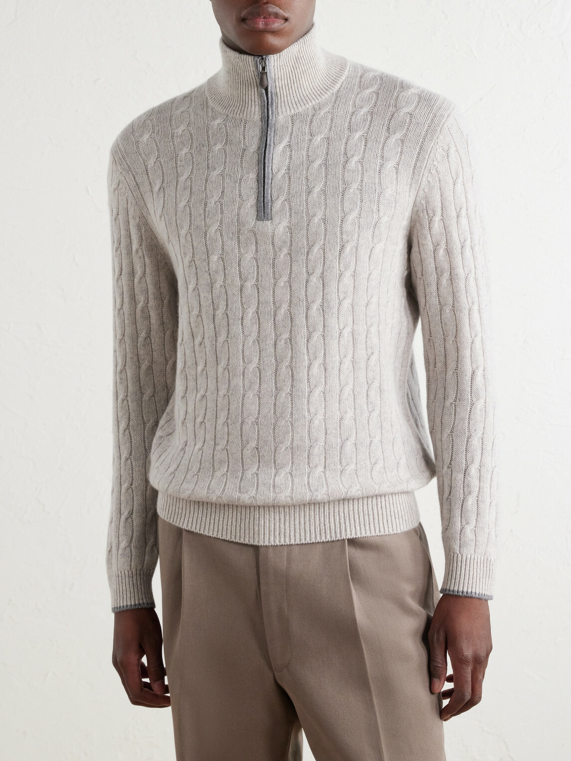 N.PEAL - Albemarle Cable Cashmere Half-Zip Sweater - Neutrals
