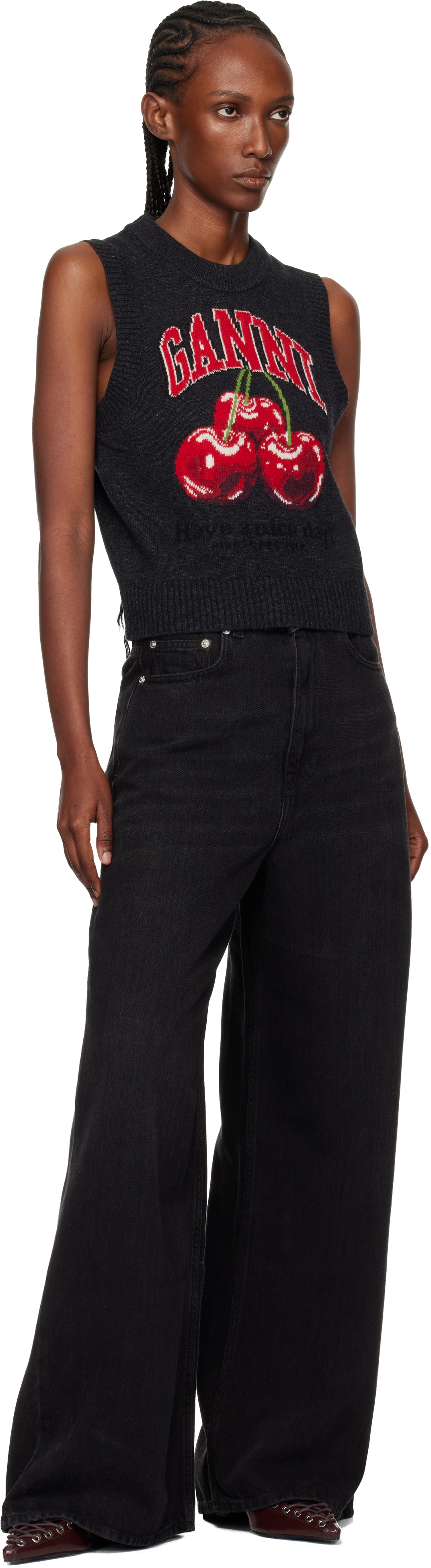 GANNI Gray Graphic Wool Sweater Vest