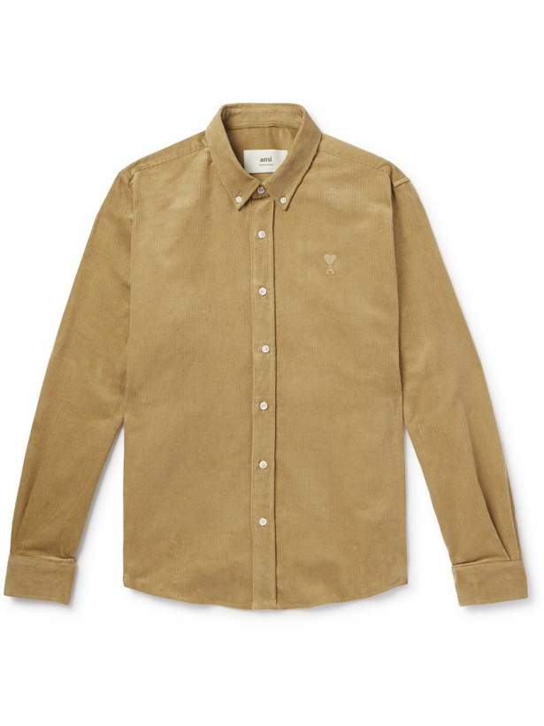 Photo: AMI PARIS - Button-Down Collar Logo-Embroidered Cotton-Corduroy Shirt - Neutrals