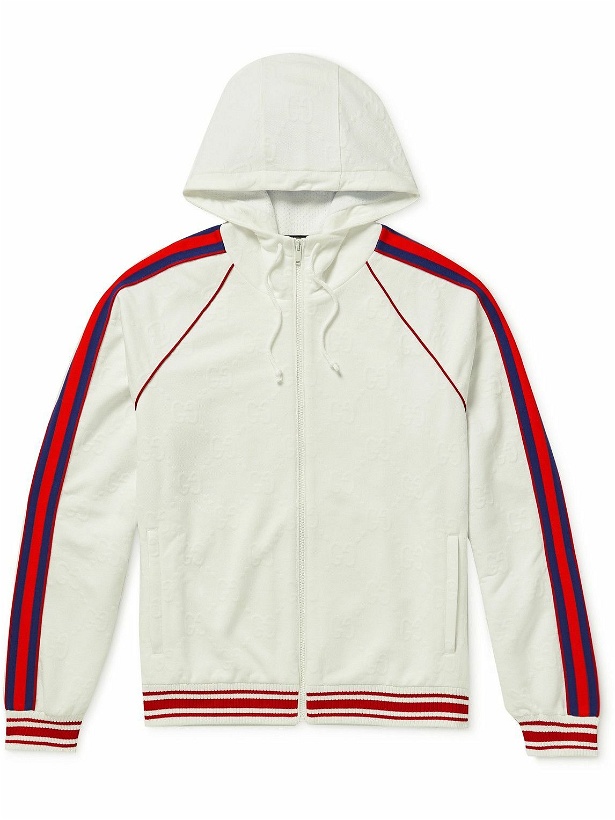 Photo: GUCCI - Webbing-Trimmed Jacquard-Knit Hooded Bomber Jacket - White