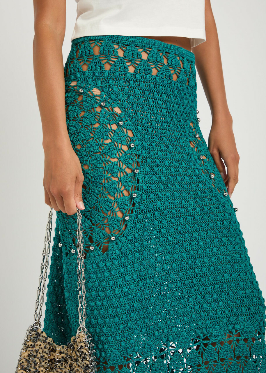 Rabanne Bead-embellished Crochet Cotton Midi Skirt Green