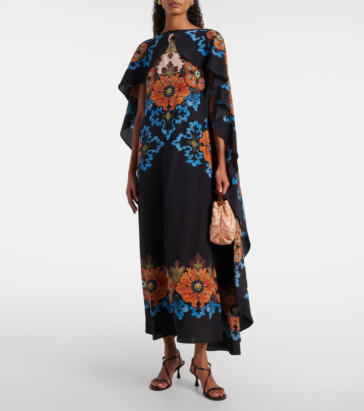 La DoubleJ Magic caped floral silk maxi dress