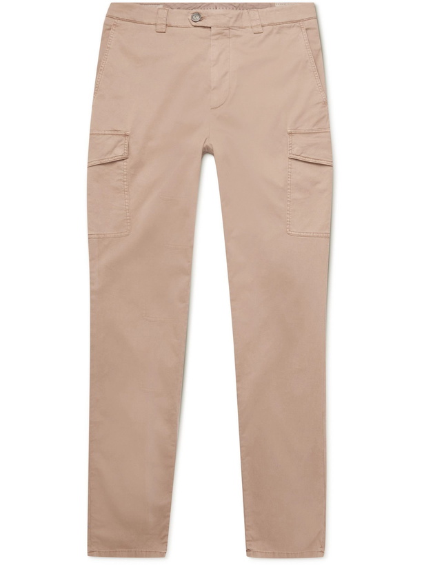 Photo: BRUNELLO CUCINELLI - Slim-Fit Stretch-Cotton Twill Cargo Trousers - Neutrals