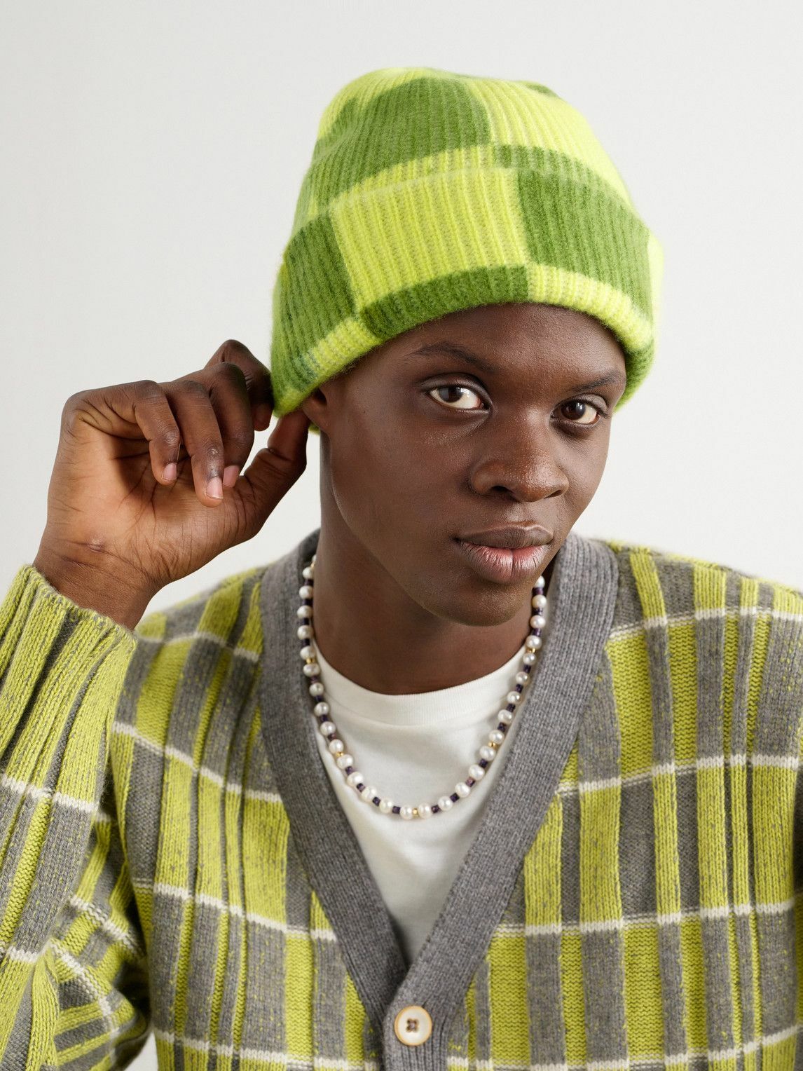 The Elder Statesman - Chess Checked Ribbed Cashmere Beanie