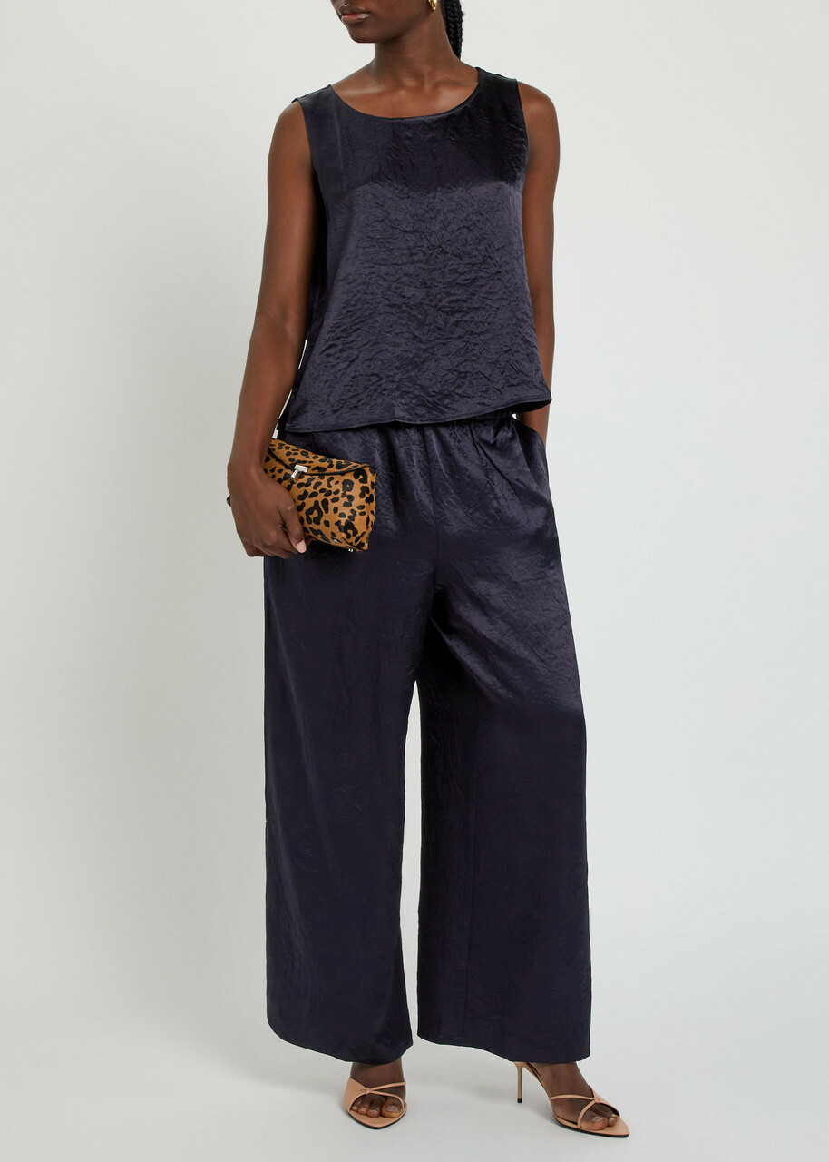 Eileen Fisher Crinkled Wide-leg Satin Trousers Dark Blue
