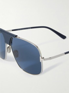 TOM FORD - Tex Aviator-Style Leather-Trimmed Silver-Tone Sunglasses