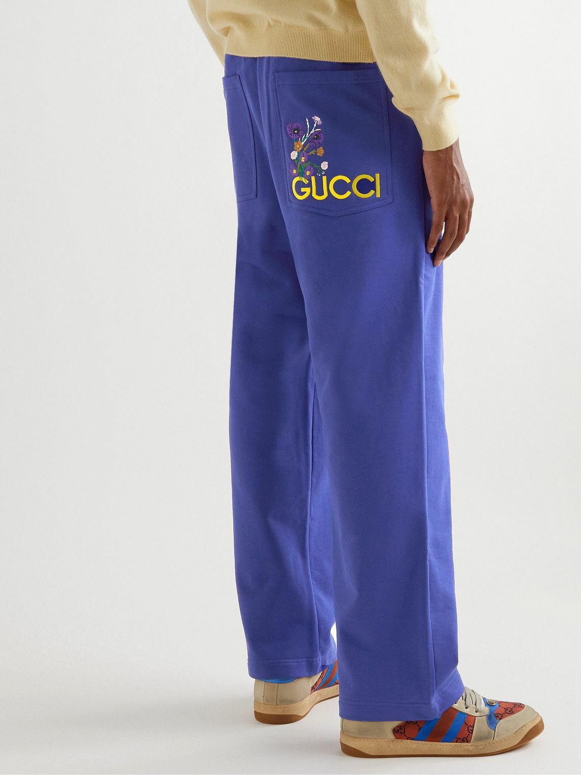 GUCCI - Logo-Embroidered Cotton-Jersey Sweatpants Blue Gucci