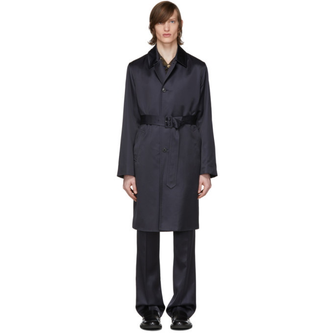 Photo: Dries Van Noten Navy Satin Long Coat