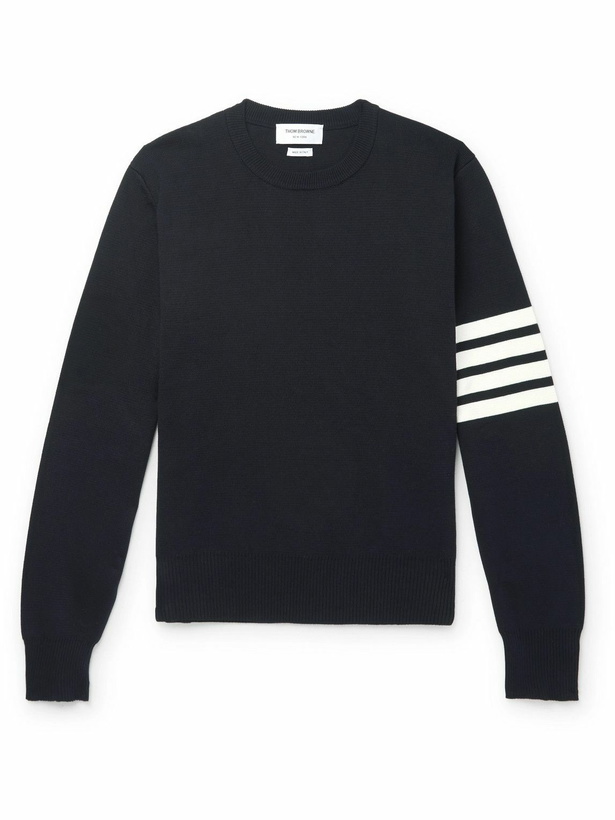 Photo: Thom Browne - Striped Grosgrain-Trimmed Cotton Sweater - Blue