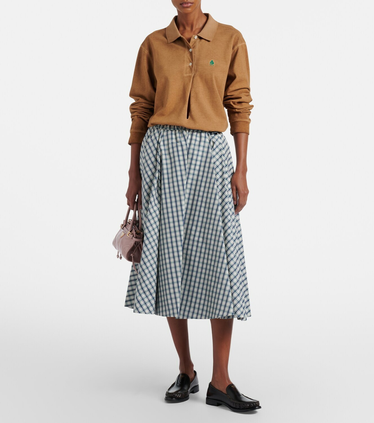 Prada Checked cotton-blend chambray midi skirt