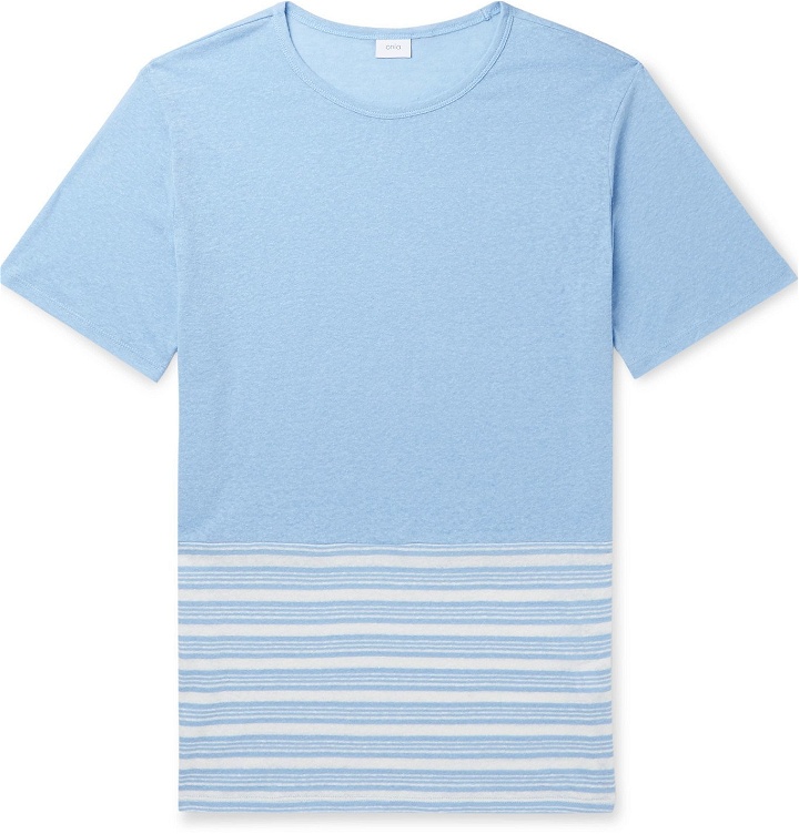 Photo: Onia - Chad Colour-Block Striped Linen-Blend T-Shirt - Blue