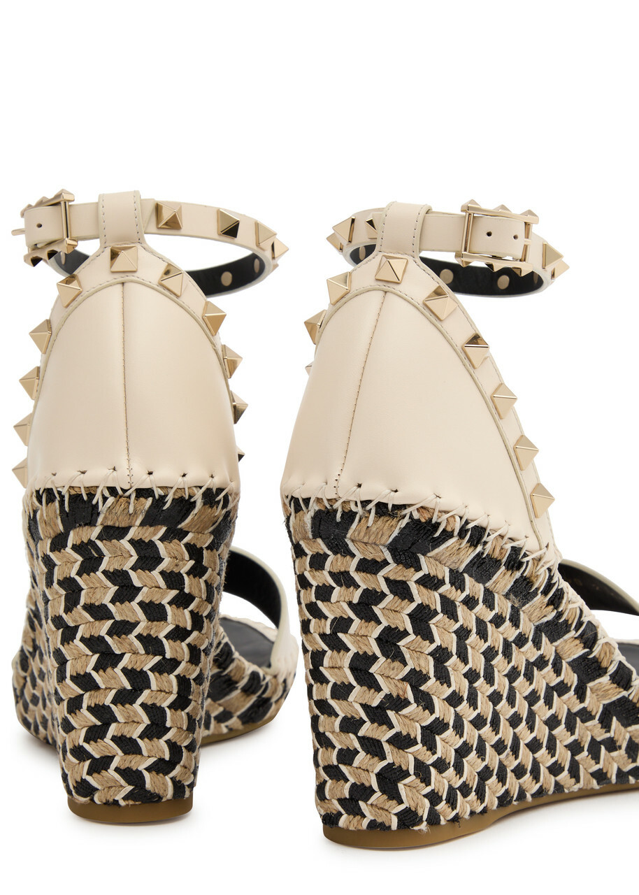 Valentino Rockstud 100 Leather Wedge Espadrilles Ivory