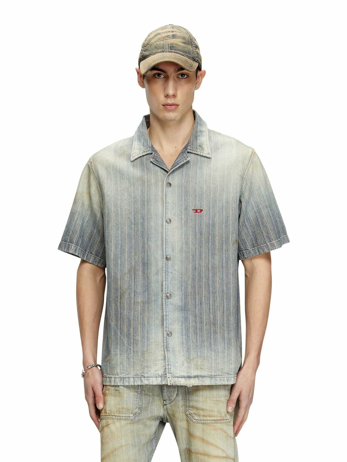Diesel D-nabil-d Striped Distressed Denim Shirt
