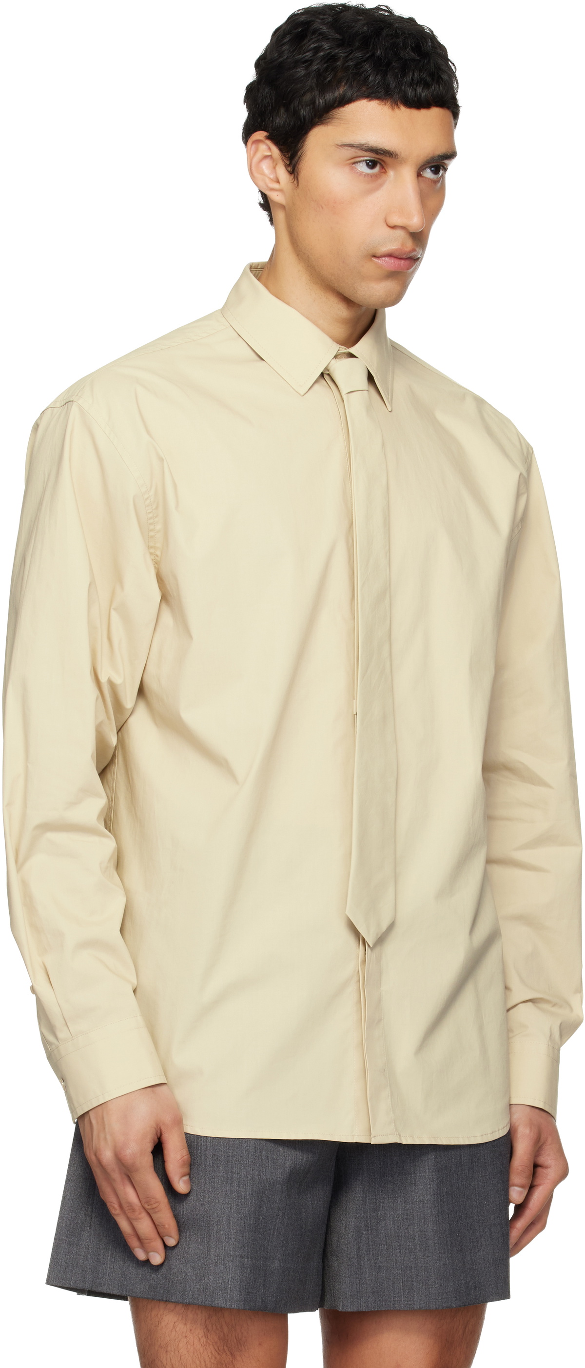 We11done Beige Solid Tie Shirt