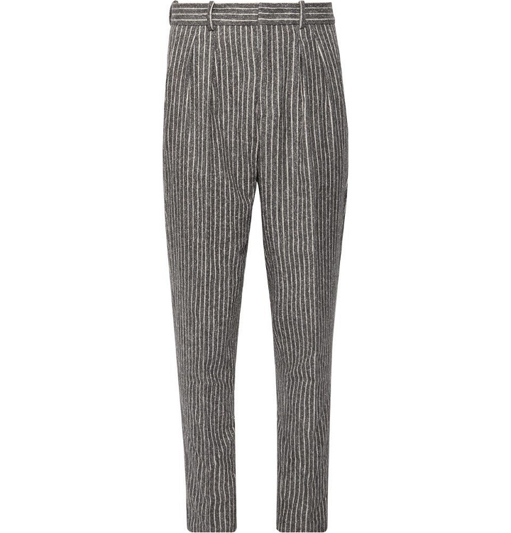 Photo: Isabel Marant - Vermer Tapered Pleated Striped Slub Cotton-Blend Trousers - Dark gray