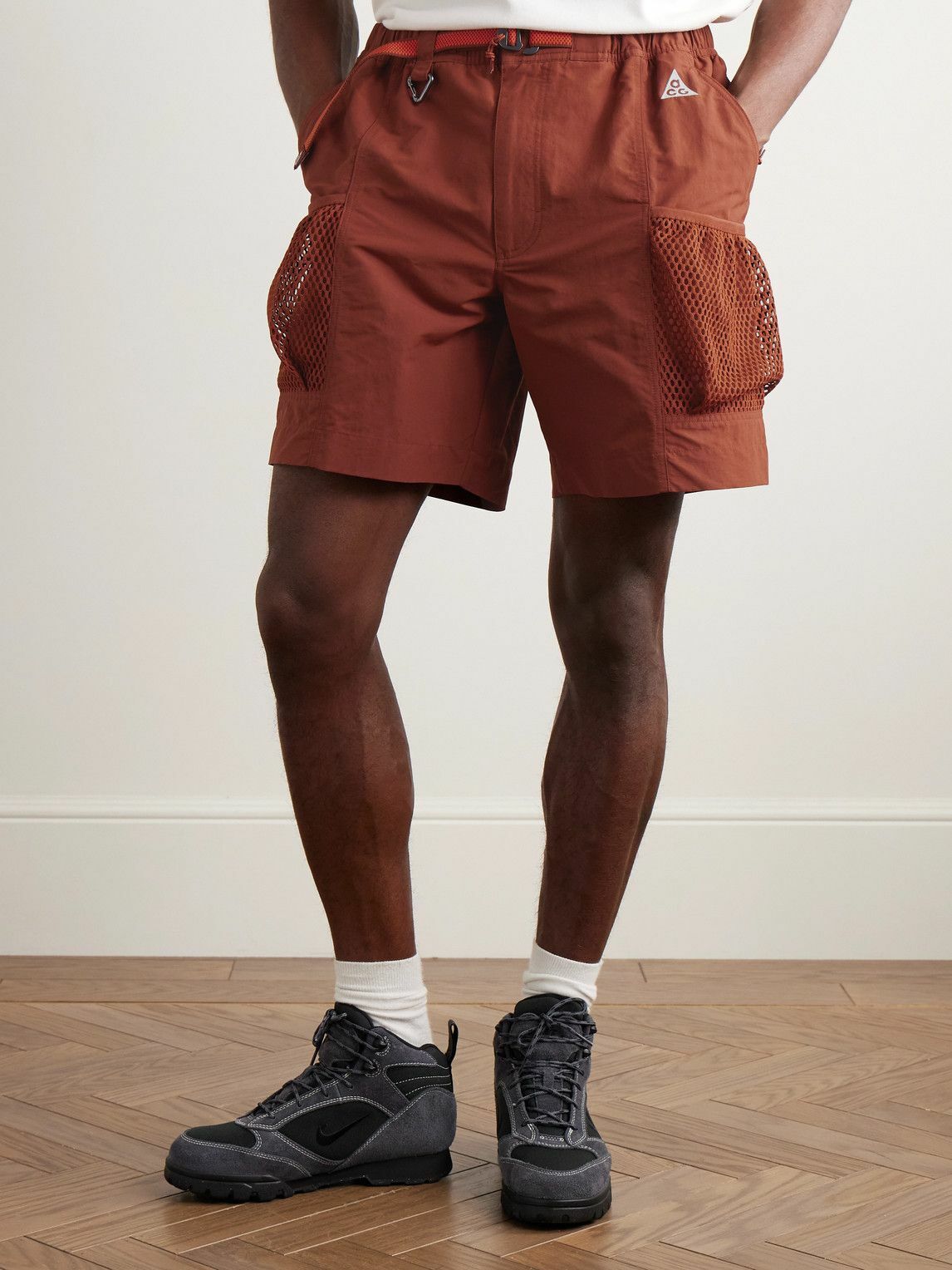Nike - ACG Snowgrass Straight-Leg Mesh-Trimmed Belted Nylon Shorts - Red