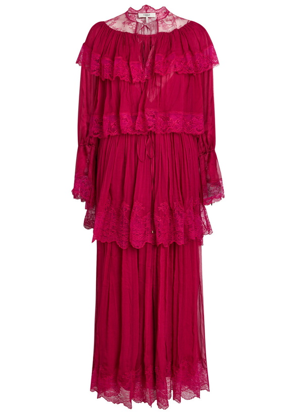 Photo: Chloe Ruffled Lace-trim Tiered Silk Maxi Dress Pink