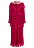 Chloe Ruffled Lace-trim Tiered Silk Maxi Dress Pink