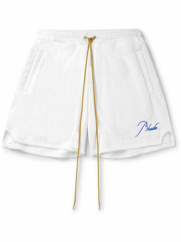 Photo: Rhude - Straight-Leg Logo-Embroiderd Cotton-Fleece Shorts - White