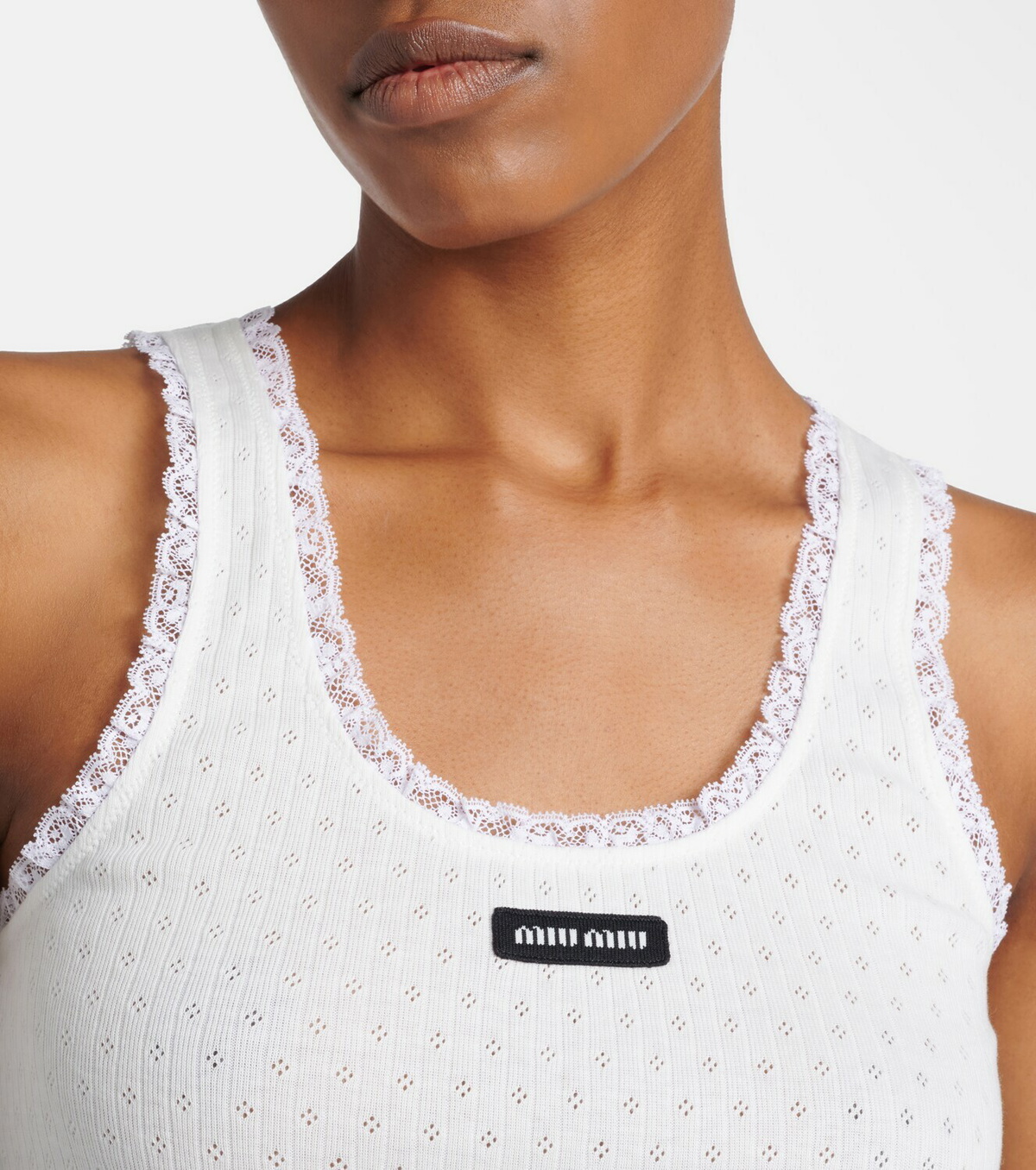 Miu Miu Lace-trimmed pointelle cotton tank top