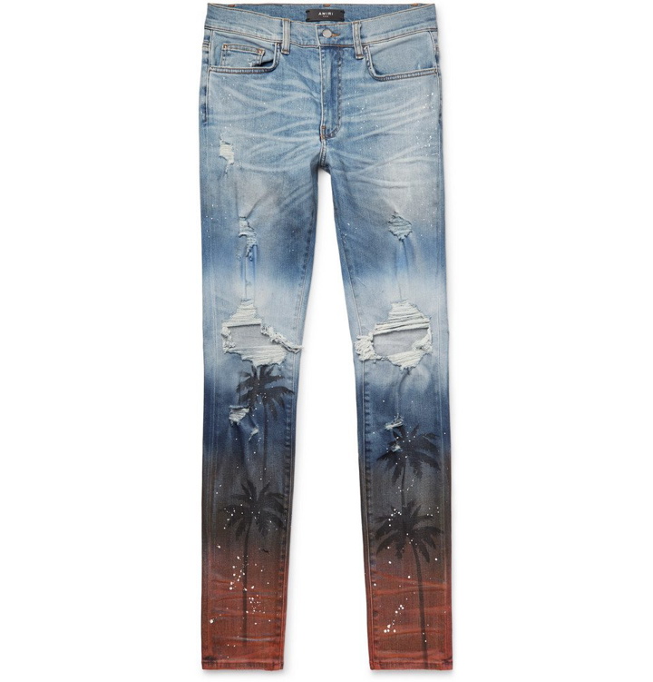 Photo: AMIRI - Thrasher Skinny-Fit Distressed Printed Stretch-Denim Jeans - Men - Light denim