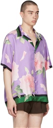Valentino Purple Silk Flying Flowers Bowling Short Sleeve Shirt
