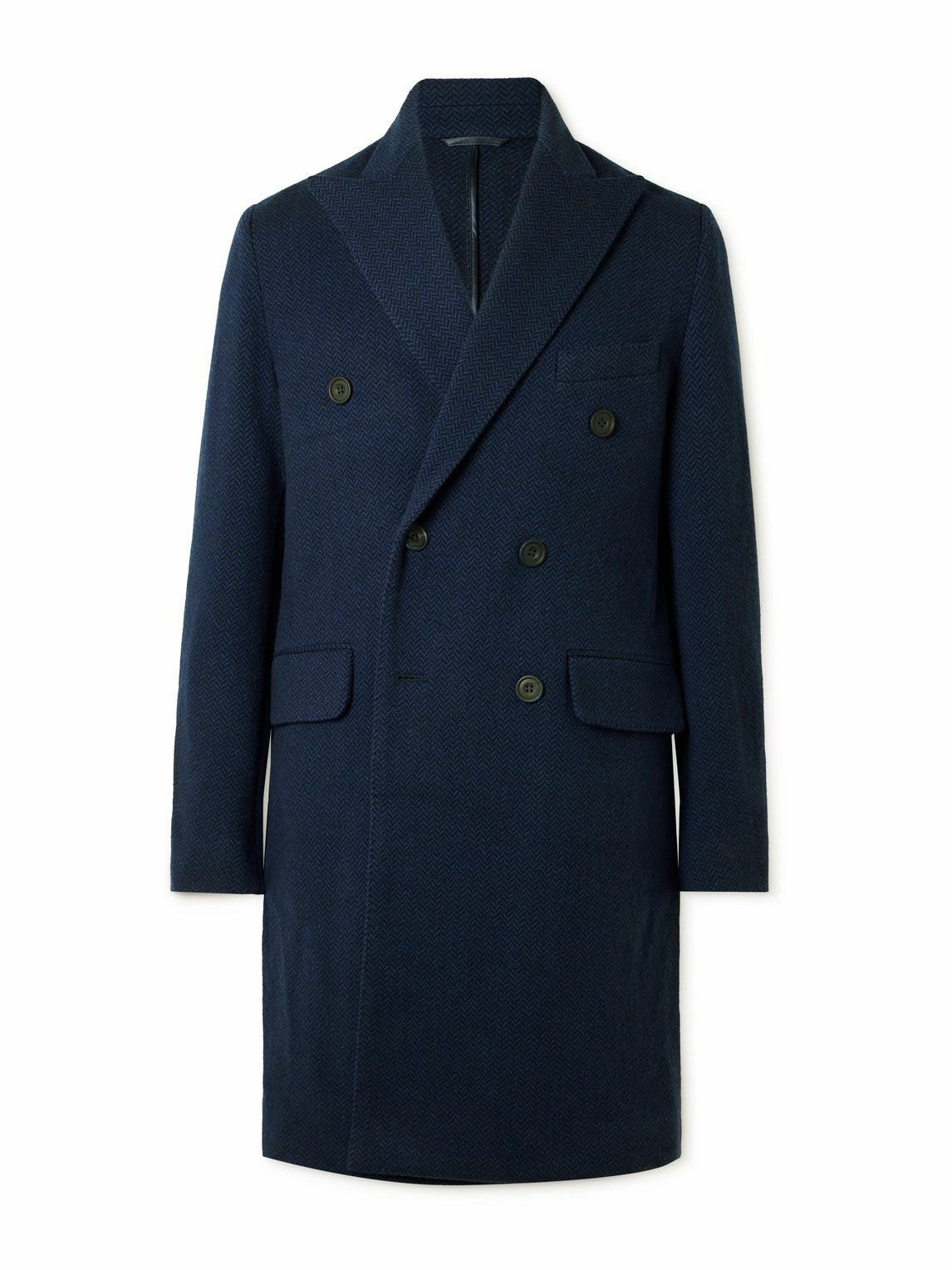 Richard James - Double-Breasted Herringbone Cashmere Coat - Blue