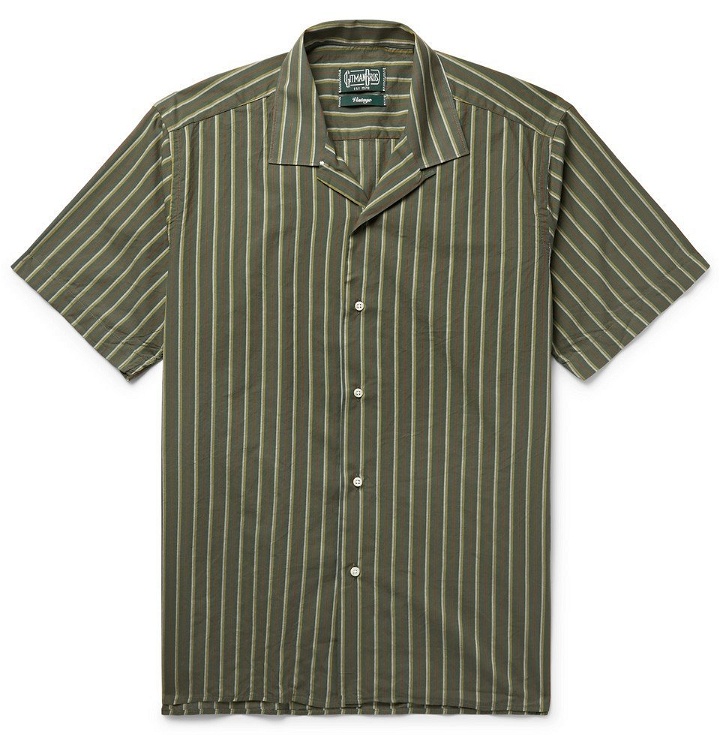 Photo: Gitman Vintage - Camp-Collar Striped Cotton and Silk-Blend Shirt - Men - Army green